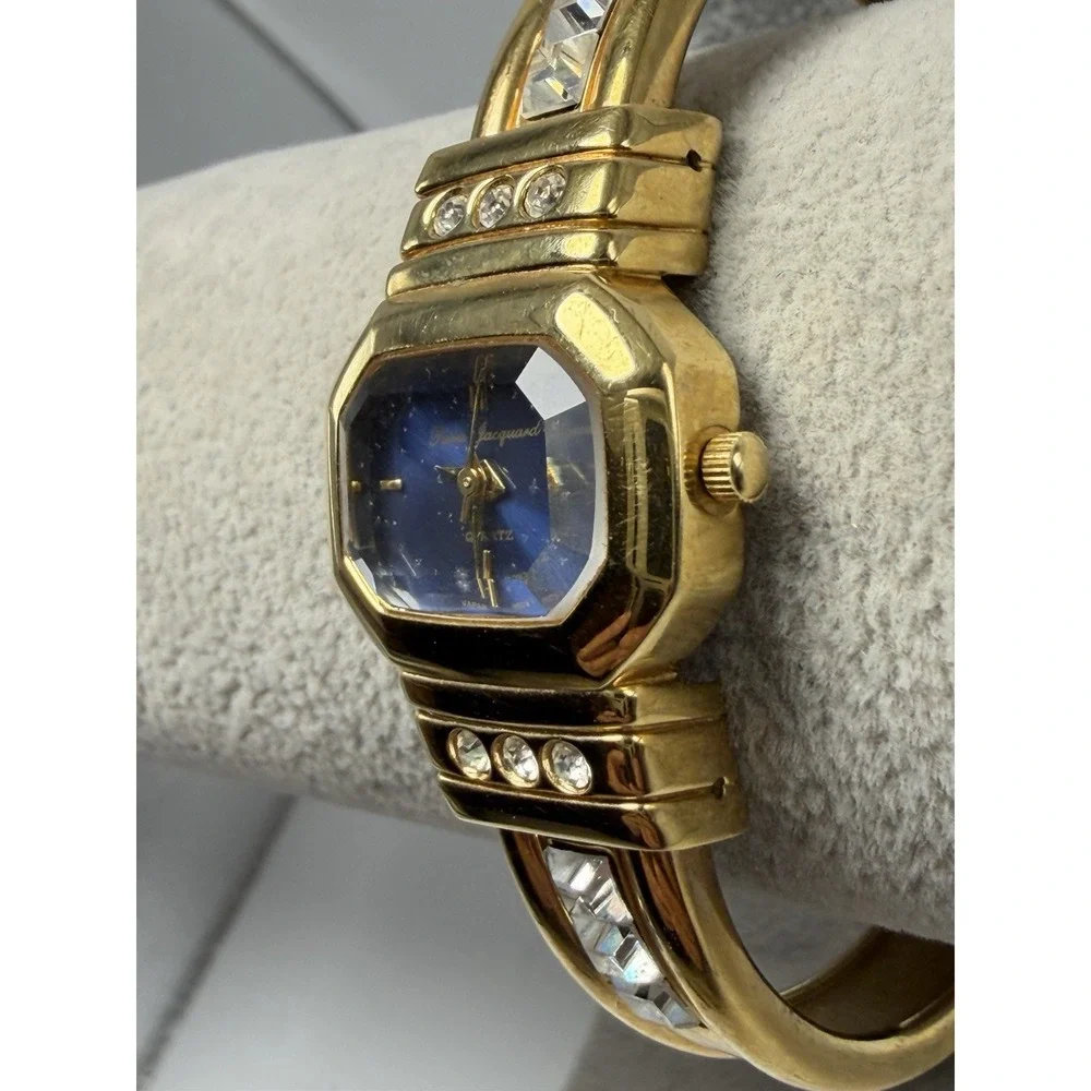 Pierre Jacquard New Battery Lady Cuff Watch Blue Faceted Dial Gold Tone 24MM 6